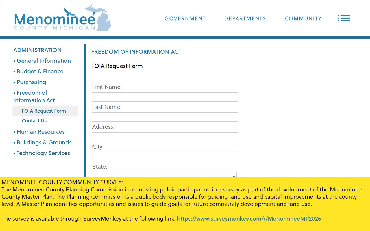 Menominee County inmate population FOIA form fields