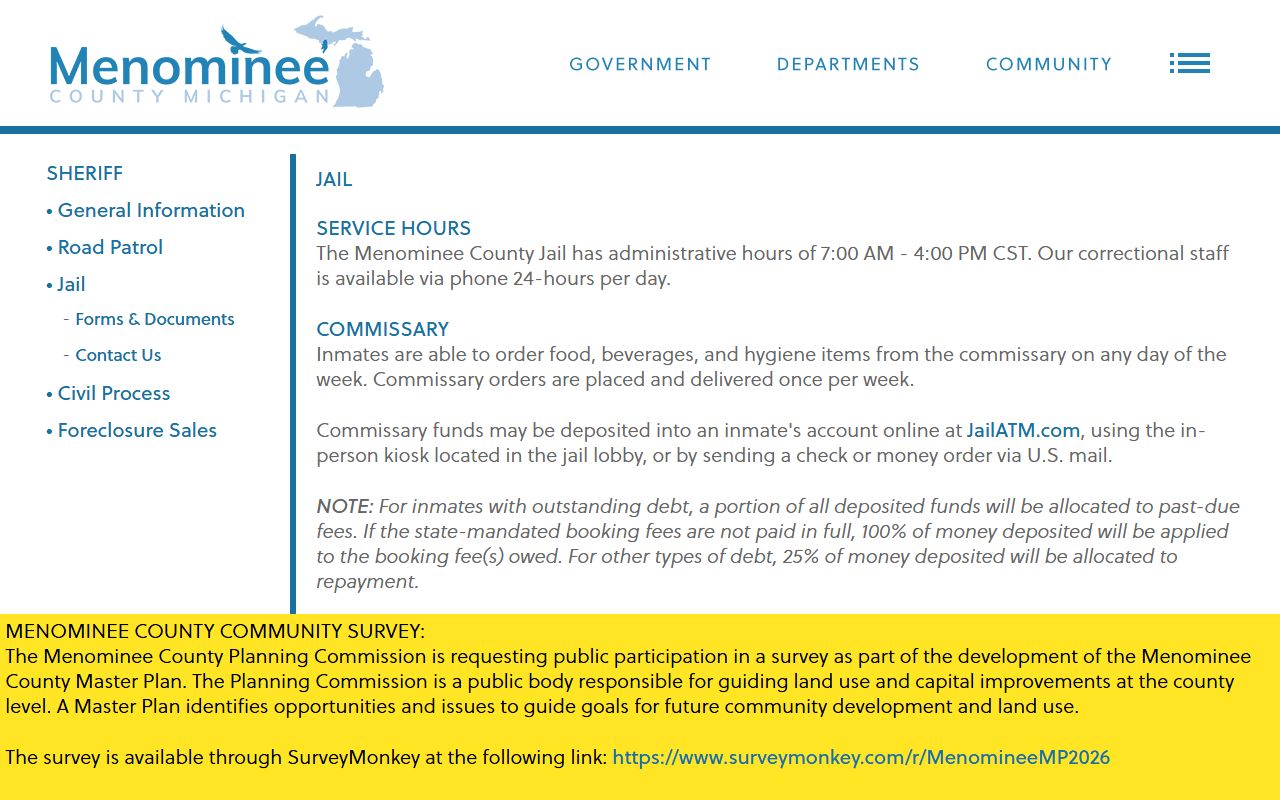 Menominee County Jail inmate lookup and facility service page